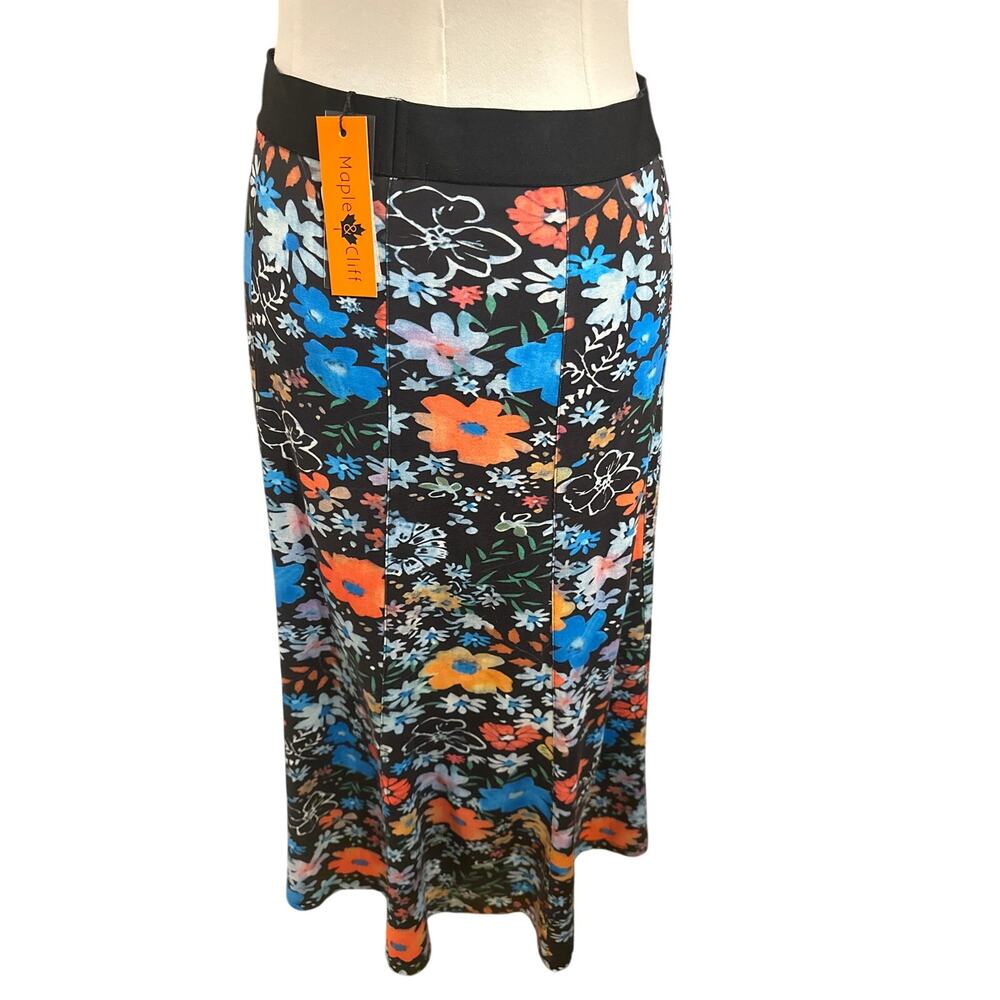 Maple & Cliff Floral Panel Midi Skirt – Black Multi, NWT, Size Medium